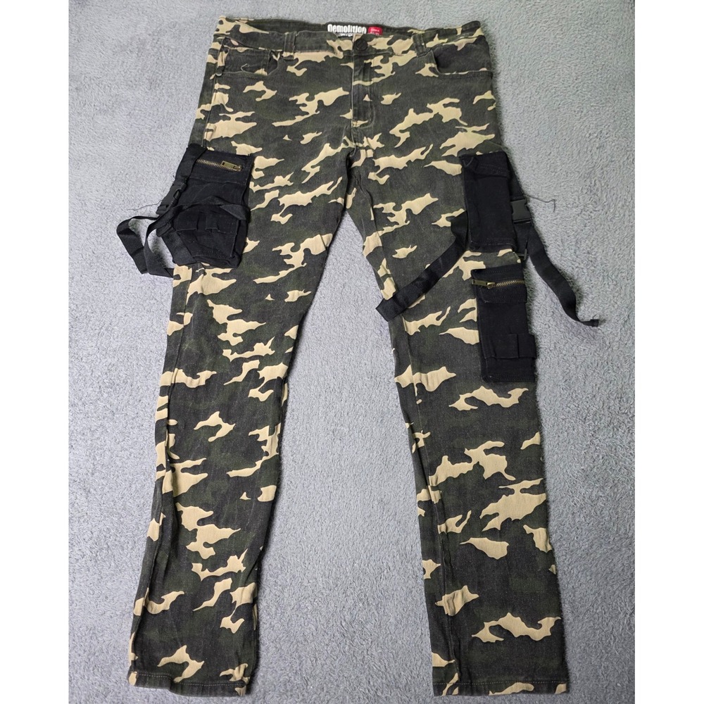 Demolition Mens 38x32 Cargo Pants Camo Tactical Straps Utility Techwear Green
